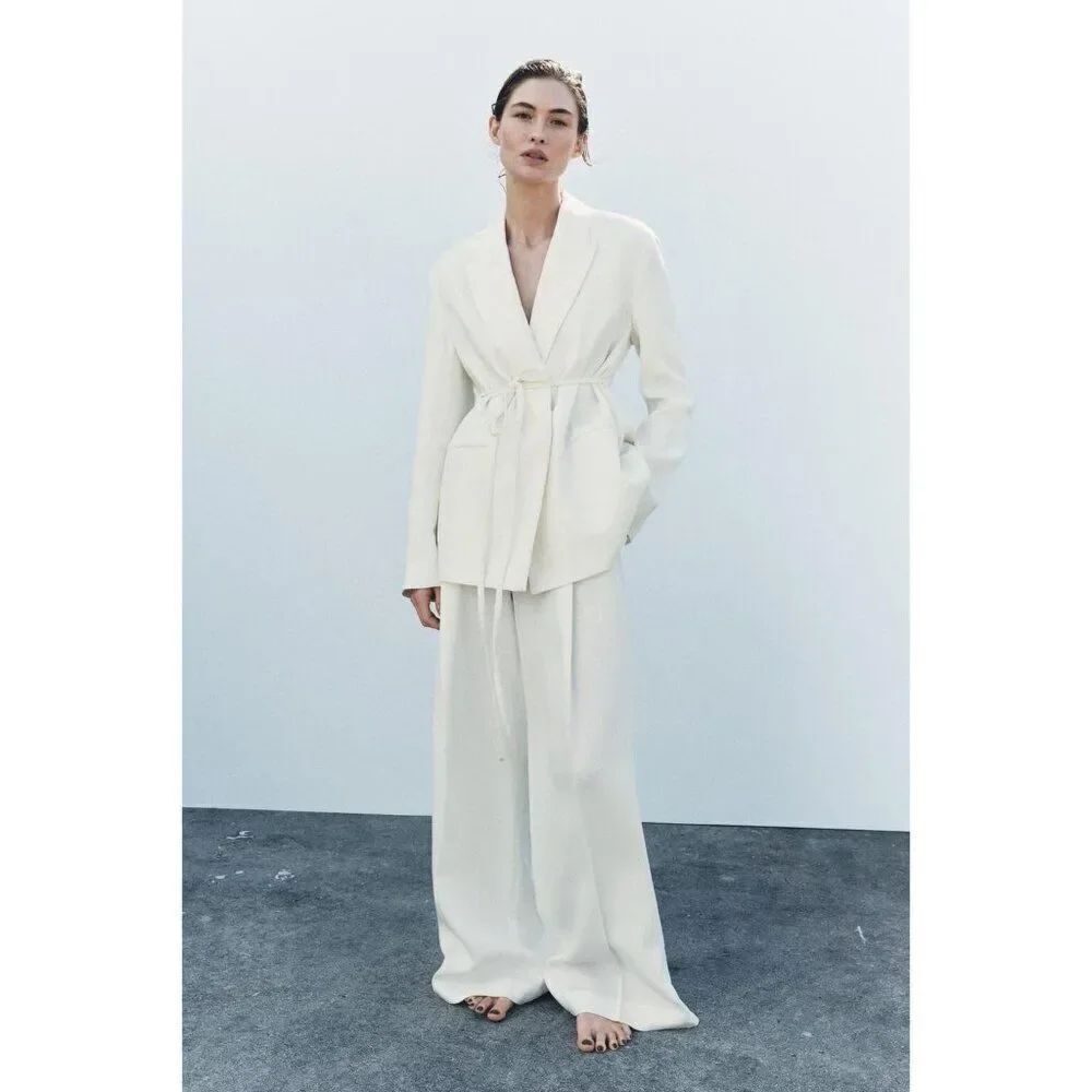 Zara Womens Linen Blazer Suit Jacket S Small Off White Ecru 2464/586 NWT